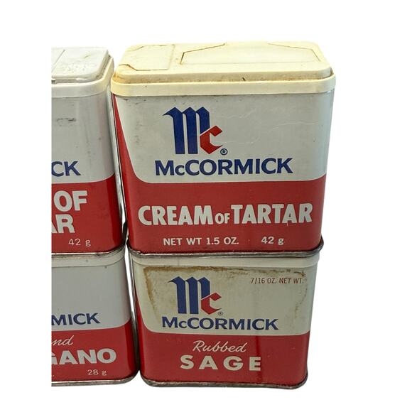 Vintage 1970s McCormick Spice Tins 8 Oregano Turmeric Cloves Allspice Thyme Sage - Picture 5 of 11